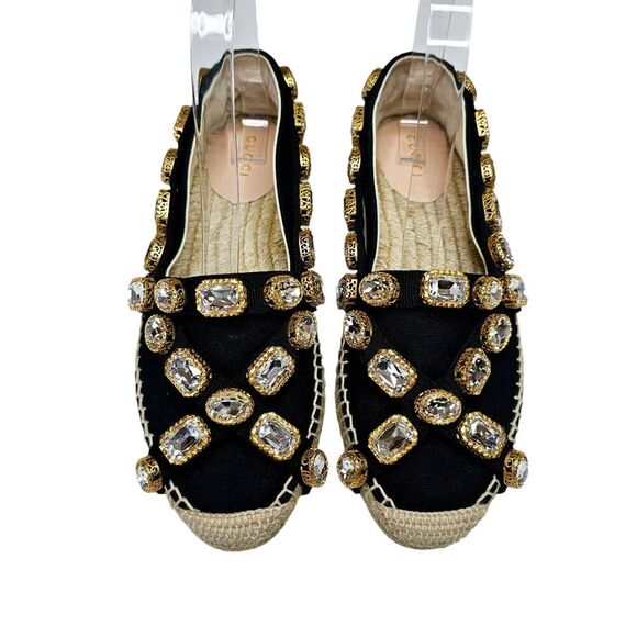 Gucci Pepita Crystal Embellished Size 37 US 7 Black Gold Canvas Espadrilles Flat - Picture 1 of 8